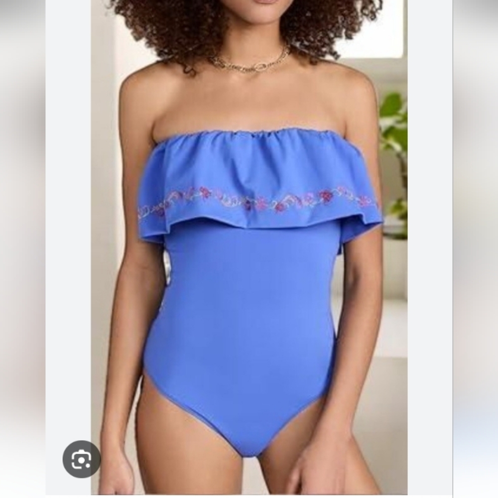 Caroline Constas Blue Strapless Ruffled Embroidery One-Piece Swimsuit  NWT